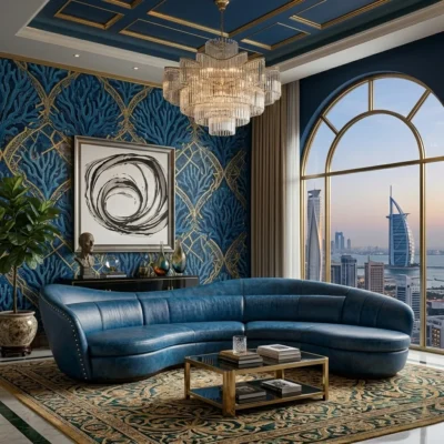 Curved Blue Leather Sofa Dubai